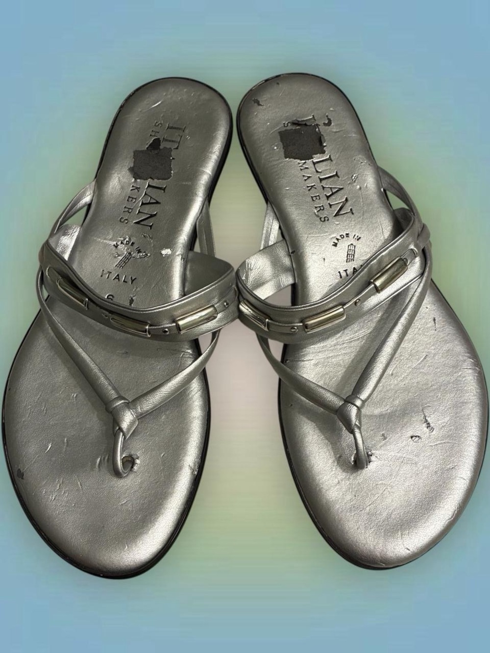 Italian-Made Silver Leather Thong Sandals